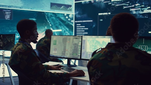 Army officer develops contingency plans to address unexpected developments in the field, studying real time satellite intelligence in military command post. Soldier tracking enemy servers. Camera B. photo