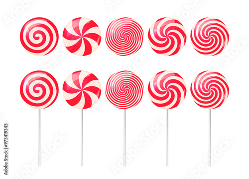 Lollipops isolated vector set. Illustrations of round red and white Christmas candies. Traditional swirl dessert, spiral sweet treat