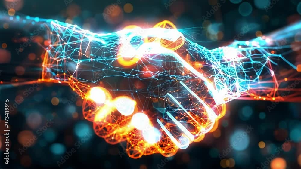 Two holographic hands shaking in a technological space, representing partnership and collaboration in the digital world