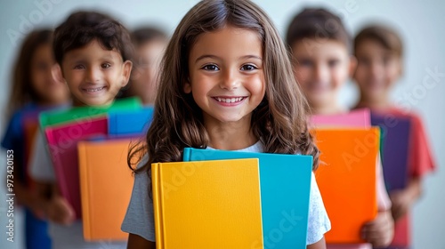 A smiling young girl holds a stack of colourful notebooks in front of her classmates.