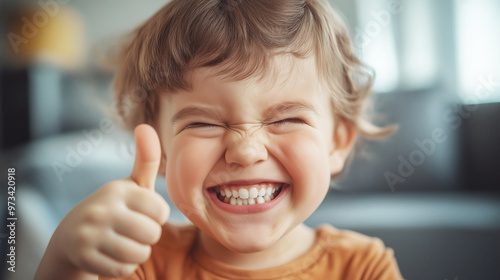 Smiling child with eyes squinting and giving a thumbs-up gesture. The joyful expression conveys happiness and approval in a cheerful moment photo