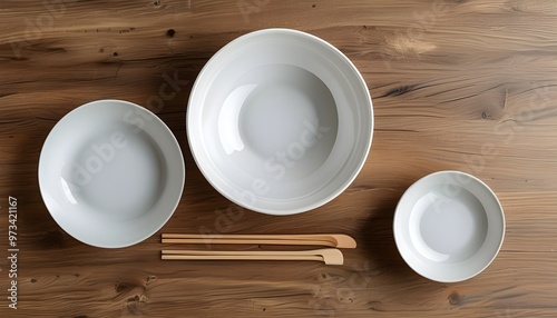 Minimalist arrangement of a white bowl and plate on a clean surface