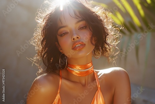 A Woman With Curly Hair, Wearing a Gold Choker, Gazes Directly at the Camera. photo