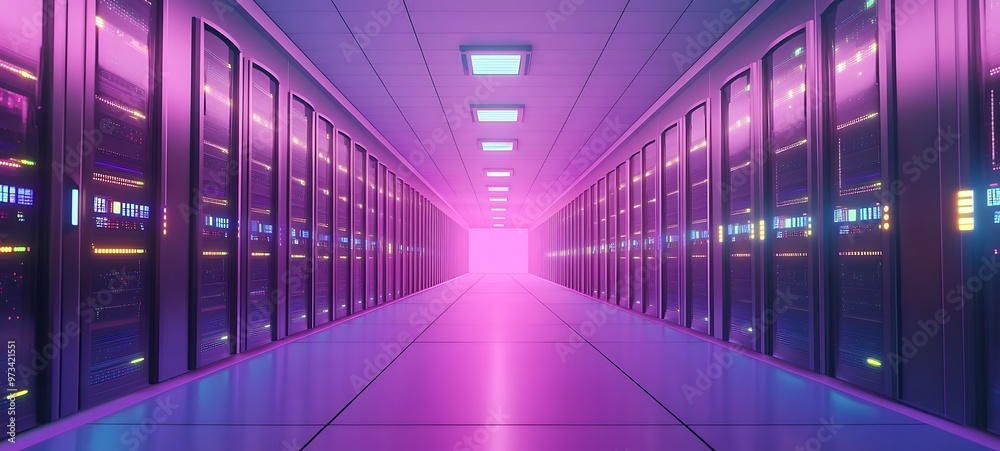 Fototapeta premium Neon Lights illuminate Server Room Corridor