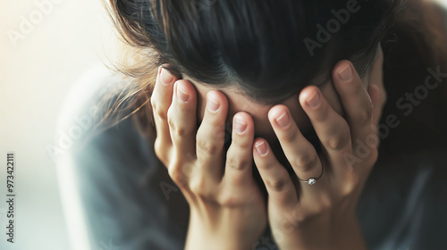 Woman covering her face with hands, expressing stress or sadness, with a soft focus background highlighting emotional distress