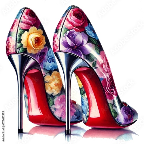 Vibrant Floral Print High Heels with red outersoles, Women's Shoes Vector Illustration photo