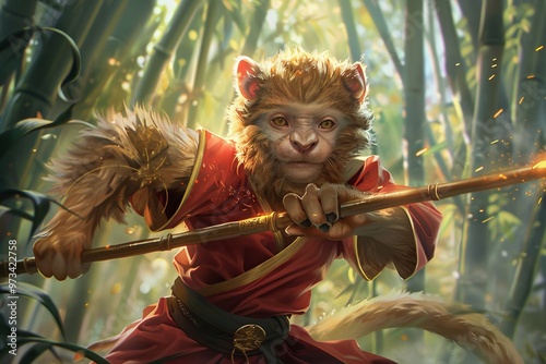 A young Sun Wukong, practicing with his golden cudgel
