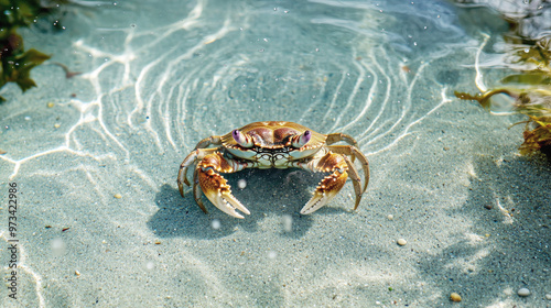 Crab in shallow clear water with sunlight reflections on the sandy bottom, surrounded by small pebbles and seaweed photo