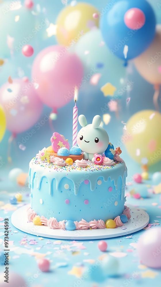 Cute birthday cake with bunny topper and colorful balloons Cute birthday cake with bunny topper and colorful balloons