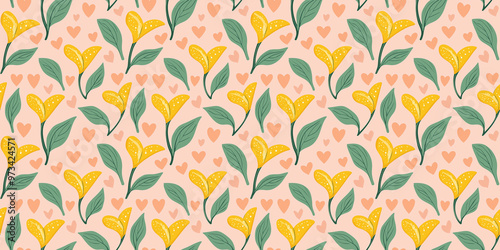 seamless pattern of small bright yellow calalilies with mint green leaves on a blush pink heart-patterned background