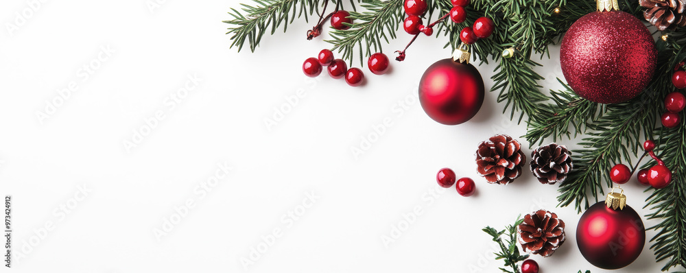 Christmas composition with red ornaments, pinecones, and berries on fir branches placed on a white background with ample copy space Christmas composition with red ornaments, pinecones, and berries on fir branches placed on a white background with ample copy space