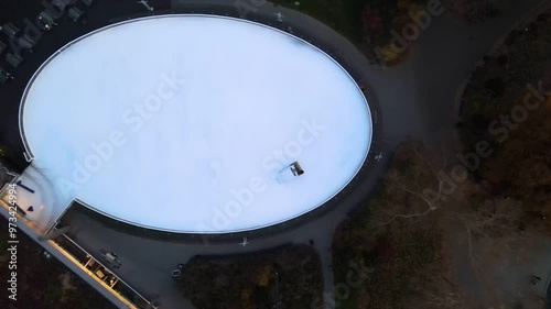 Aerial top down of Prospect Park ice skating rink Brooklyn during fall in New York City