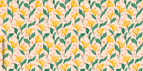 seamless pattern of bright yellow calalilies with mint green leaves on a blush pink heart-patterned background photo