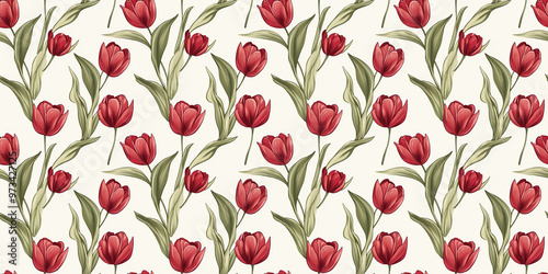 seamless patern of tulips on an ivory fablic background photo