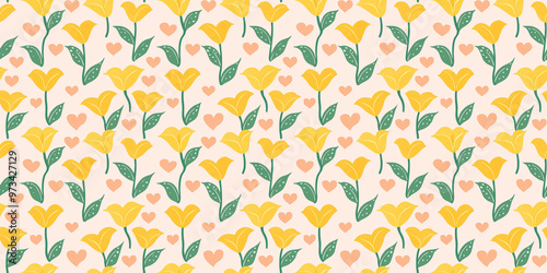 seamless pattern of bright yellow calalilies with mint green leaves on a blush pink heart-patterned background