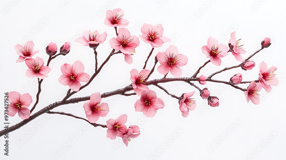 A cherry blossom branch motif with sharp, detailed petals and delicate stems, floating on a clean white background A cherry blossom branch motif with sharp, detailed petals and delicate stems, floating on a clean white background