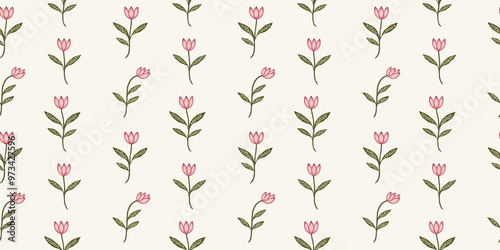 Wallpaper Mural seamless minimalistic embroidery pattern of tulips, each with three pink petals and a few leaves, on a plain ivory background Torontodigital.ca