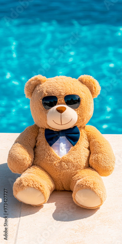 Stylish teddy bear with sunglasses by a turquoise pool, capturing a moment of relaxed sophistication and playful luxury. photo