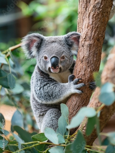 A Koala Bear Clinging to a Tree Trunk