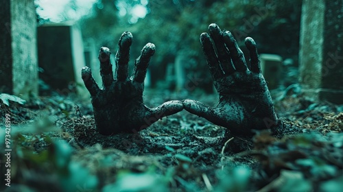 Two Muddy Hands Reaching Up From the Ground in a Cemetery photo