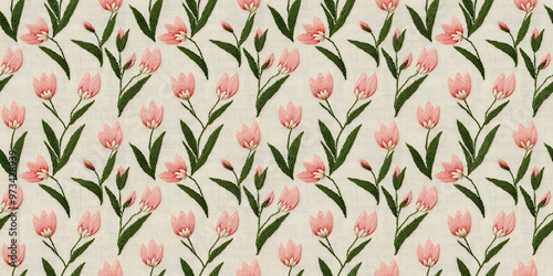 seamless minimalistic embroidery pattern of tulips, each with three pink petals and a few leaves, on a plain cream fabric