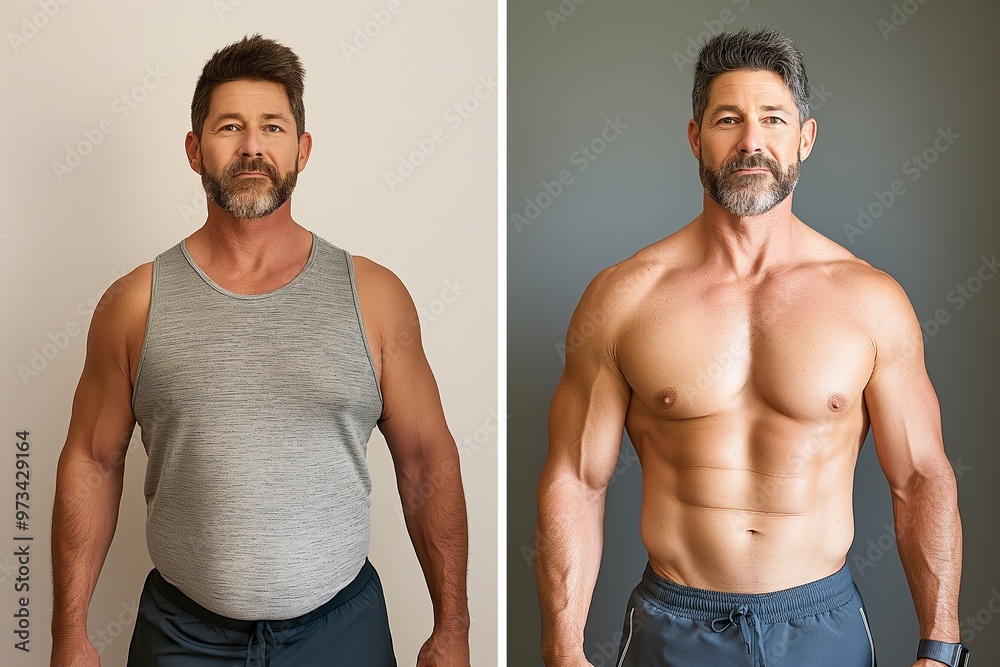A transformative fitness journey of a man showcasing a remarkable body change over time in a gym-like environment A transformative fitness journey of a man showcasing a remarkable body change over time in a gym-like environment