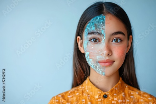 Quantum neural synaptic interface quantum synapse cyberneural and neuroengineering woman with half ai face in futuristic tech design symbolizing digital integration photo