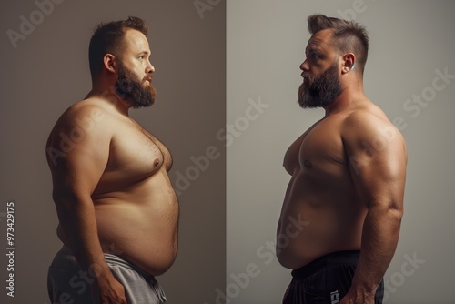 Transformation journey of a man showcasing weight loss progress with significant muscle gain in a studio setting
