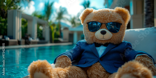 Stylish teddy bear with sunglasses by a turquoise pool, capturing a moment of relaxed sophistication and playful luxury. photo