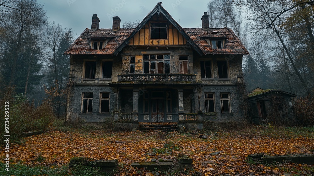 Abandoned Victorian Mansion with Broken Windows and Fallen Leaves Abandoned Victorian Mansion with Broken Windows and Fallen Leaves