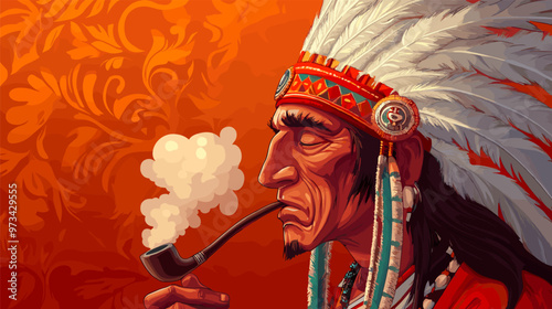 Indian chief smoking pipe. Native american tribal leader in ethnic feather headdress smoke tobacco, mature man mature tribe warrior leadership concept cartoon vector illustration