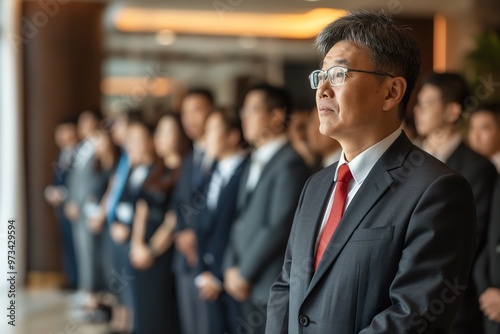 Group of Chinese business professionals in suits at a corporate event, engaging in discussions and networking in a modern office setting