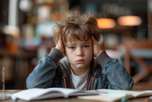 Schoolboy struggles with homework at a study desk in a cozy room filled with books during the afternoon hours