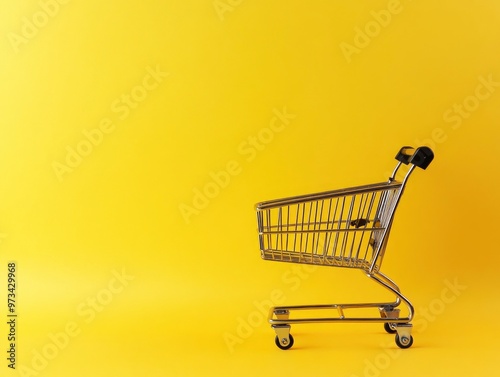 Black shopping cart on bright solid color background, black friday sale banner, space for text