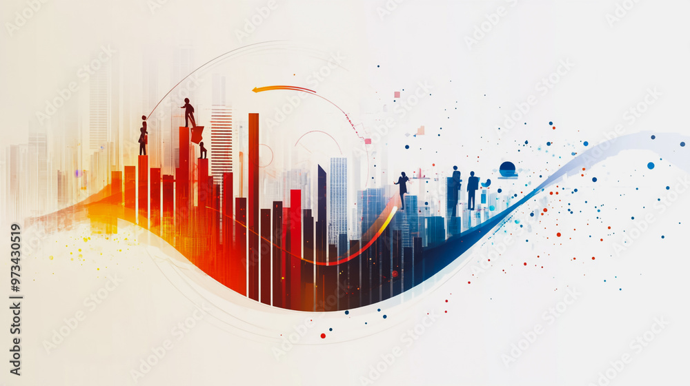 Abstract business team work stands on the peak of success amid tall, innovative Smart city and graphs with statistics to analyze business potential and predict future developments in company growth. Abstract business team work stands on the peak of success amid tall, innovative Smart city and graphs with statistics to analyze business potential and predict future developments in company growth.