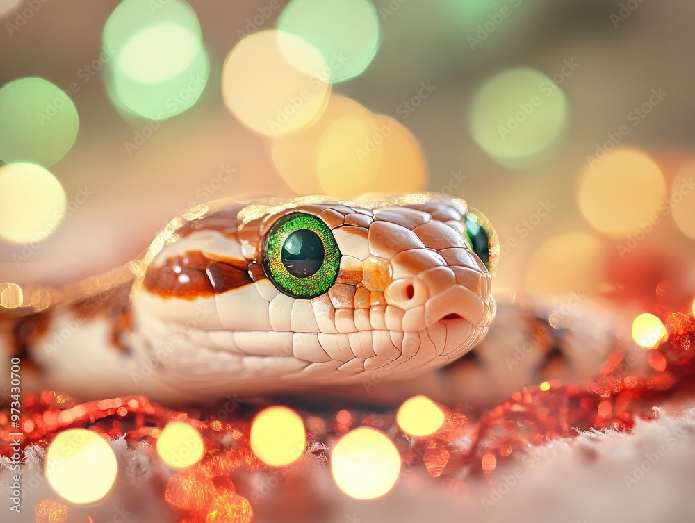 Funny cute snake with big green eyes on festive background Funny cute snake with big green eyes on festive background