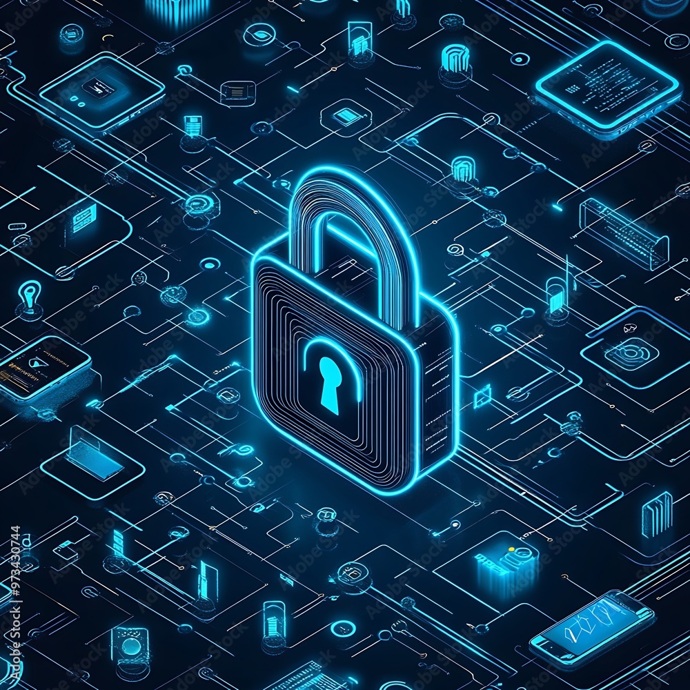 Cyber Security Concept, Padlock on Circuit Board with Neon Glowing Lines Cyber Security Concept, Padlock on Circuit Board with Neon Glowing Lines