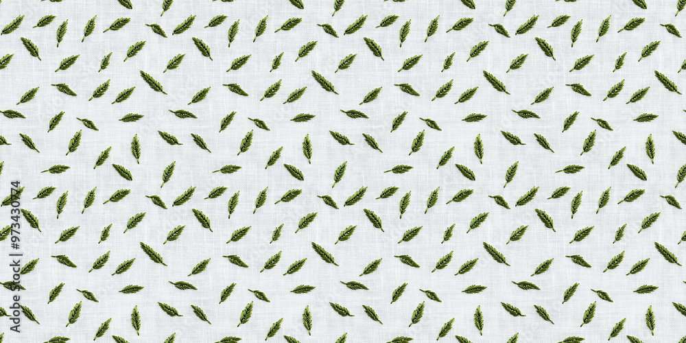 seamless minimalistic embroidery pattern of small olive leaves, on a plain white linen seamless minimalistic embroidery pattern of small olive leaves, on a plain white linen