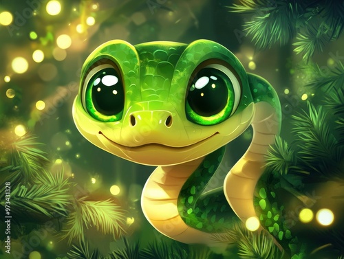 Funny cute snake with big green eyes on new year background, Disney cartoon style photo