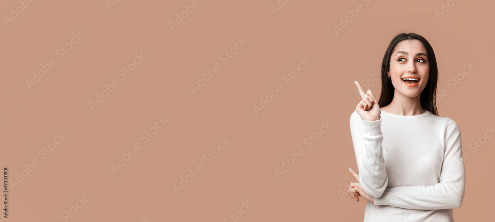 Great Idea. Young Latin Woman Pointing Finger Up, Having Problem Solution, Posing Over Yellow Background With Empty Space, Panorama Great Idea. Young Latin Woman Pointing Finger Up, Having Problem Solution, Posing Over Yellow Background With Empty Space, Panorama