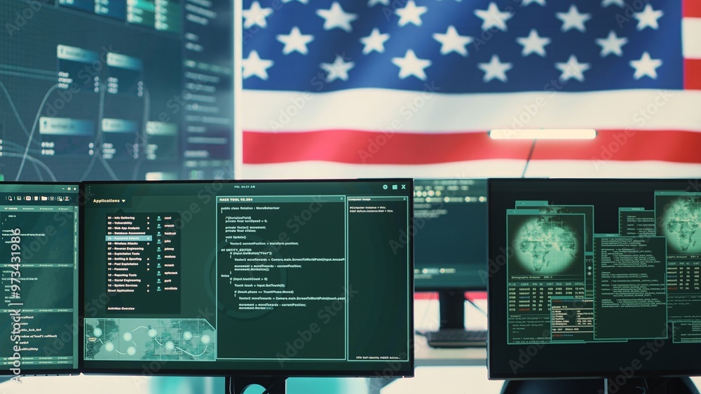 High tech cybersecurity room with American flag shown on big screen, governmental cyber operations. Data protection, global surveillance and cyber intelligence to guard national security. Camera A. High tech cybersecurity room with American flag shown on big screen, governmental cyber operations. Data protection, global surveillance and cyber intelligence to guard national security. Camera A.