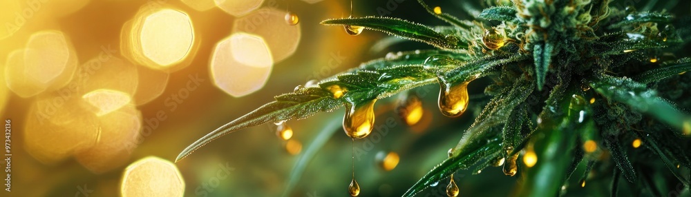 Lush cannabis background with several small amber-colored e liquid juice drops on it Lush cannabis background with several small amber-colored e liquid juice drops on it