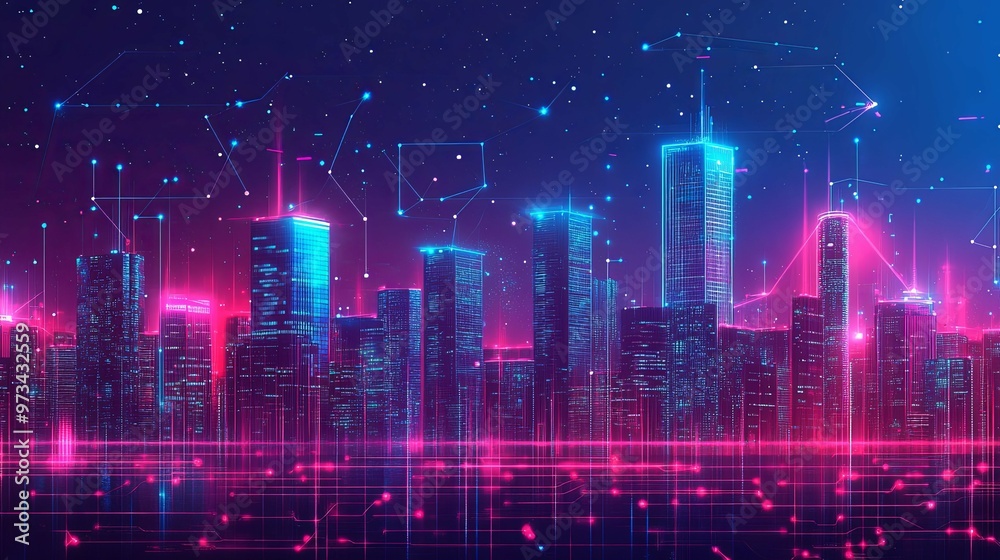 Futuristic Neon Cityscape with Interconnected Lines Futuristic Neon Cityscape with Interconnected Lines