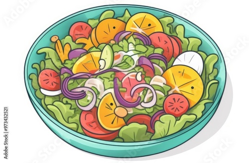 Greek salad on a plate: cucumber, tomato, tomato, onion. Flat illustration.