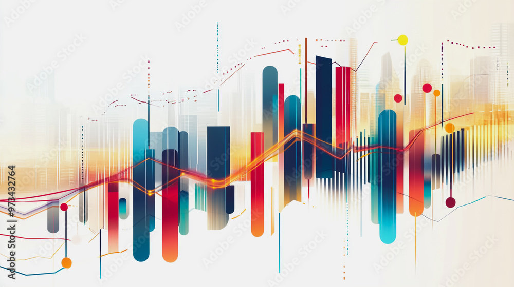 Abstract business team work stands on the peak of success amid tall, innovative Smart city and graphs with statistics to analyze business potential and predict future developments in company growth.