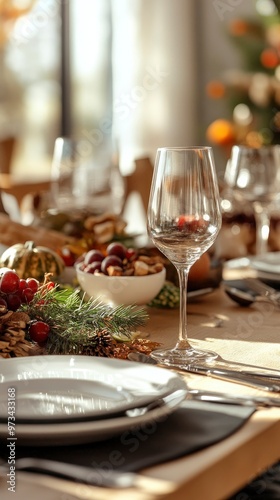 Thanksgiving dinner table close up shot, festive atmosphere, space for text