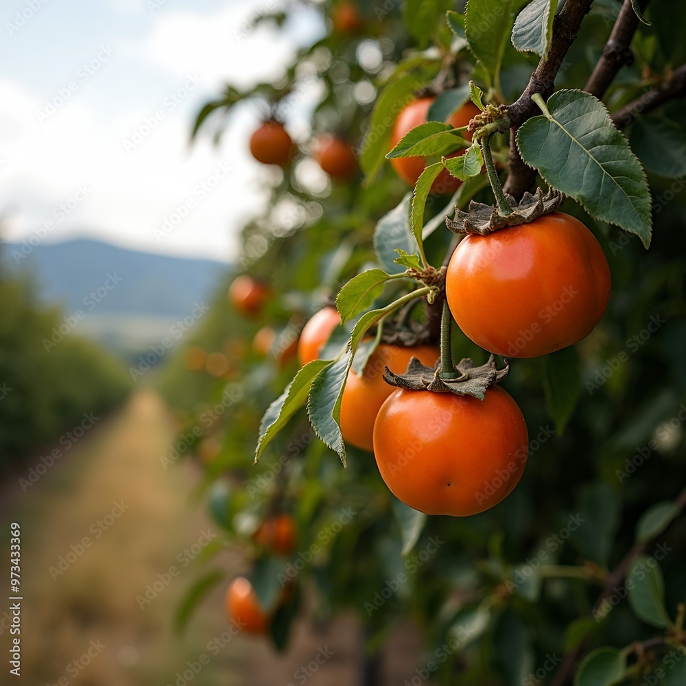 Fresh persimmons on sunlit tree in orchard with distant hills Fresh persimmons on sunlit tree in orchard with distant hills