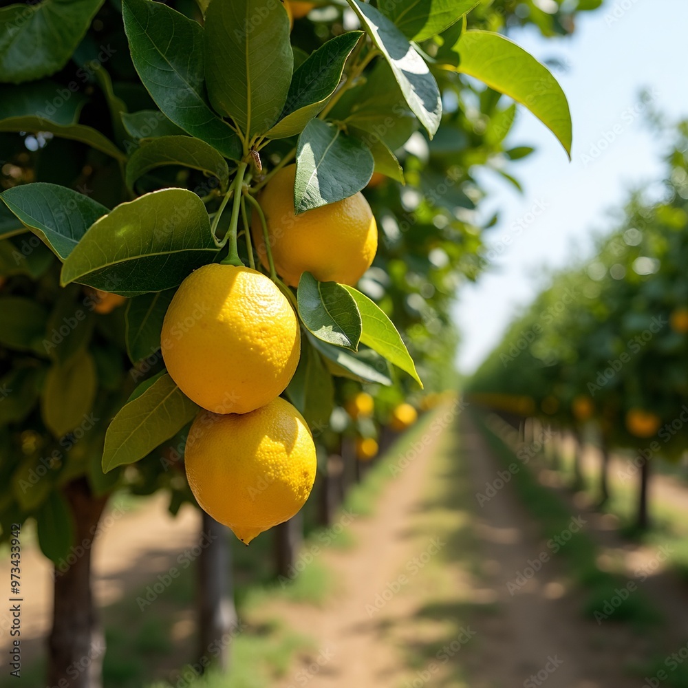 Sunlit lemon orchard with rows of trees bright yellow lemons against green leaves Sunlit lemon orchard with rows of trees bright yellow lemons against green leaves