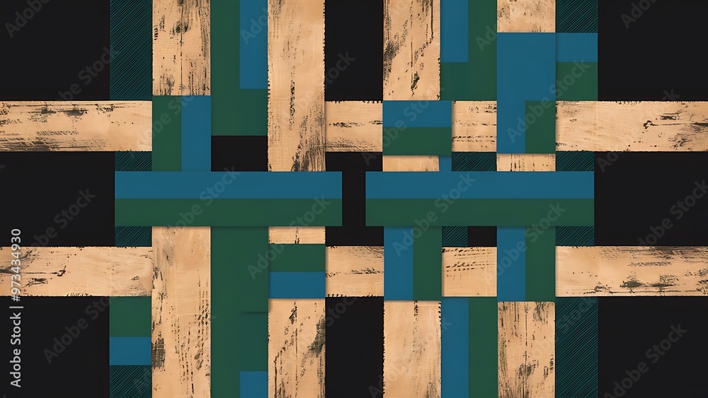 Blue teal green and black background with parchment grunge texture in abstract block plaid design layout Blue teal green and black background with parchment grunge texture in abstract block plaid design layout