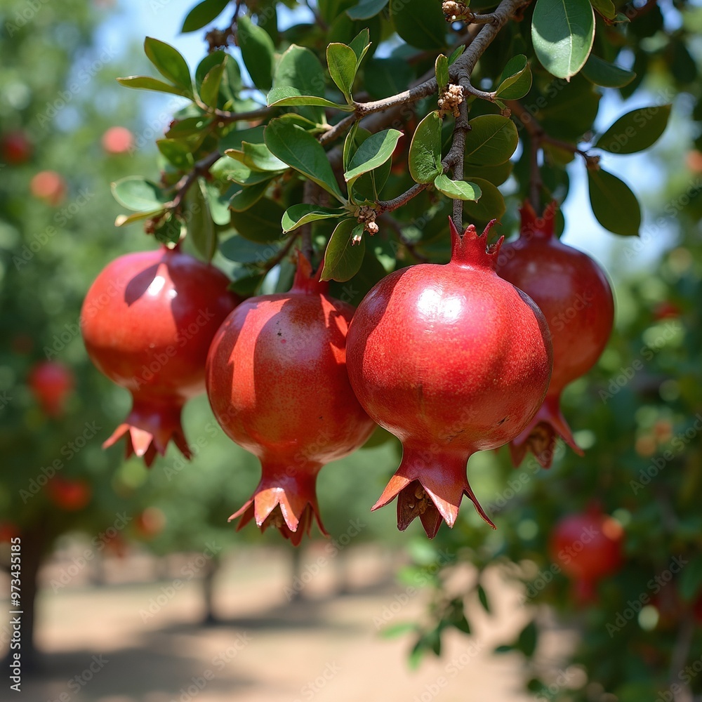 Fresh ripe pomegranates on sunlit tree in orchard Fresh ripe pomegranates on sunlit tree in orchard